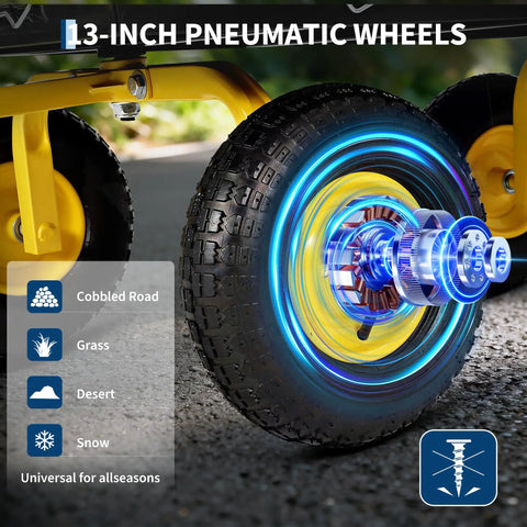 Close-up of 13-inch wheel on Workhorse 1500 Lb Folding Garden Wagon Cart With 3 In 1 Outdoor Utility Trailer, yellow frame