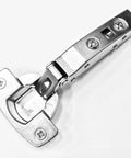Soft Close Full Overlay Hinge Set For 15 To 22 Mm Doors With 0 Mm Face Frame Plate 35 Mm Cup 12.8 Mm Cup Depth 40 Mm Hole Spacing Clip On Install And Integrated Silent System Hettich Euro 110 in stainless steel, top view.