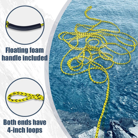 60 Ft Three Rider Tow Rope For Water Sports Durable UV Resistant Pre Stretched Thick Boat Towline on water with loops and handle