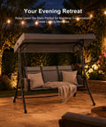 Three Seat Patio Swing With Adjustable Tilt Canopy, Easy Setup Metal Frame On Stand, All Weather Outdoor Swing Chair in garden