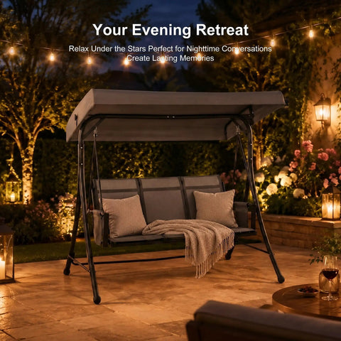 Three Seat Patio Swing With Adjustable Tilt Canopy, Easy Setup Metal Frame On Stand, All Weather Outdoor Swing Chair in garden