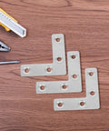Heavy Duty L Shaped Corner Brackets Set, 36 Stainless Steel Mounting Braces for Cabinets and Furniture, Flat Back Design on wood