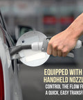 One Hand Electric Fuel Transfer Pump With Flow Control Nozzle And D Battery Power Hands Free Gas Can Pump For Liquids And Water Jugs 2 Point 4 GPM Flow Long Suction Tube For Tall Containers, handheld nozzle in car fuel tank