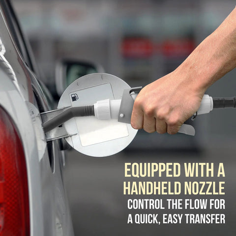 One Hand Electric Fuel Transfer Pump With Flow Control Nozzle And D Battery Power Hands Free Gas Can Pump For Liquids And Water Jugs 2 Point 4 GPM Flow Long Suction Tube For Tall Containers, handheld nozzle in car fuel tank