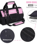 Pink Tool Bag For Women 14 Inch Zip Top Wide Mouth Organizer With Adjustable Shoulder Strap Durable 600D Polyester Multiple Pockets Outside And Inside For Quick Tool Access