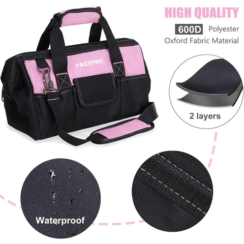 Pink Tool Bag For Women 14 Inch Zip Top Wide Mouth Organizer With Adjustable Shoulder Strap Durable 600D Polyester Multiple Pockets Outside And Inside For Quick Tool Access