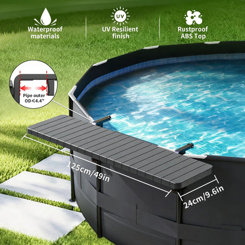 Swim Up Poolside Bar Table For Above Ground Pools, 49 by 9.6 Inches Rust Free ABS Top, attached to pool rail, outdoor setting.