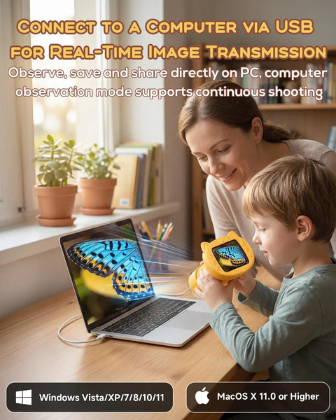 Super Cool 1000X Digital Microscope For Kids Handheld With 4K Display And 2MP Camera Portable Pocket Microscope STEM Educational Toy For Boys And Girls Ages 3 6 12 Yellow connected to laptop via USB