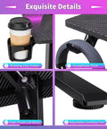 Exquisite details of the electric standing desk, showcasing rotating cup holder, headphone hook, high-power lift motor, and adjustable leveling feet.