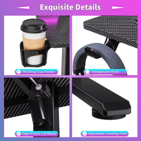 Exquisite details of the electric standing desk, showcasing rotating cup holder, headphone hook, high-power lift motor, and adjustable leveling feet.