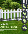 White fence with 14 Pack No Dig Fence Panels 19.5 Feet Long And 13 Inch High Animal Barrier for dogs and small pets installed at base