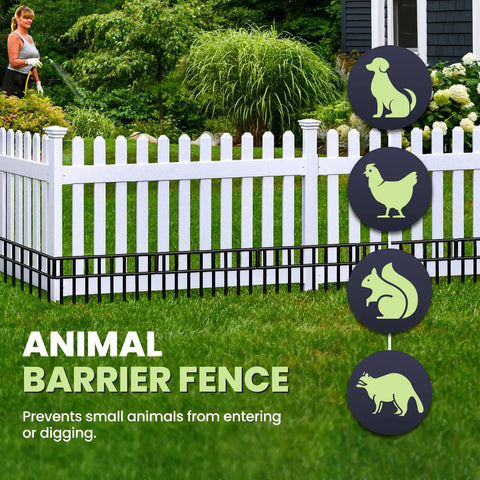 White fence with 14 Pack No Dig Fence Panels 19.5 Feet Long And 13 Inch High Animal Barrier for dogs and small pets installed at base