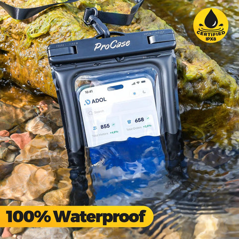 Floating Waterproof Phone Pouch IPX8 For Up To Seven Inch Screens Universal Dry Bag in water showing phone display