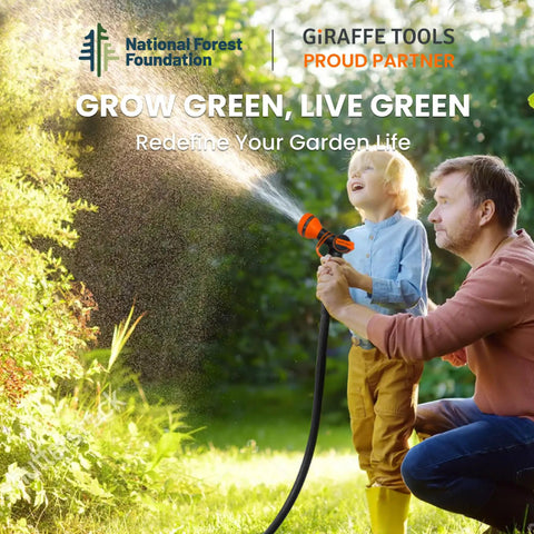 Man and child using Heavy Duty Garden Hose 6 Feet Long 5/8 Inch Hybrid Water Hose in garden, sunlight filtering through trees