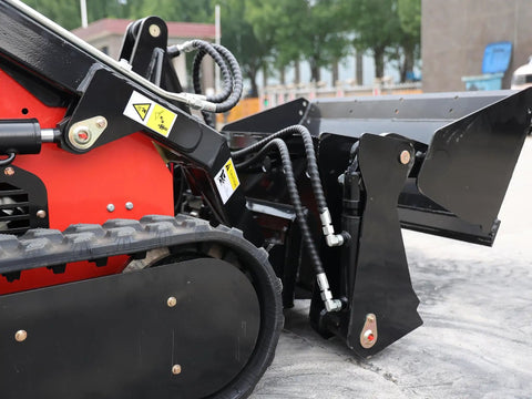 Close-up of Mini Skid Steer Loader 1800 Lb Capacity With Four In One Bucket Attachment, showing hydraulic components