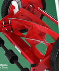 Close-up of 14 Inch Push Reel Lawn Mower With 5 Blade Ball Bearing Reel, Adjustable Cutting Height, Red and steel components
