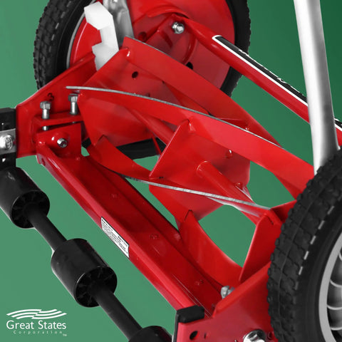 Close-up of 14 Inch Push Reel Lawn Mower With 5 Blade Ball Bearing Reel, Adjustable Cutting Height, Red and steel components