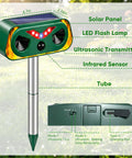 4 Pack Solar Powered Ultrasonic Animal Repeller Outdoor Waterproof Pest Deterrent For Deer Cats Dogs Squirrels Raccoons Rabbits With Motion Sensor And Flashing Light For Yard Garden Lawn Farm, green stake model