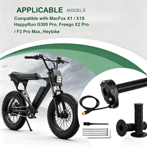 Full Twist Throttle For 12V 72V E Bikes Waterproof 3 Pin Twist Grip Handlebar Throttle With Easy Install And No Fuss Plug And Play Universal Fit On 7 8 Inch Bars For HappyRun Freego Heybike Macfox X1 Surron Sensor next to compatible ebike models