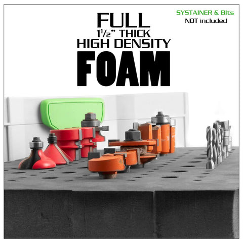 Dang Good Foam Router Bit Storage Tray Compatible With Systainer Type One displaying high density foam, 1/2" thick, holding router bits securely.