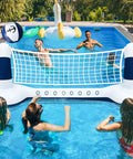 Inflatable Pool Volleyball Set With Yacht Theme Court, 9 Inch Volleyball, Weighted Water Bags, Tie Down Ropes, Patches, And Easy Setup for adults, shown in a swimming pool with people playing.