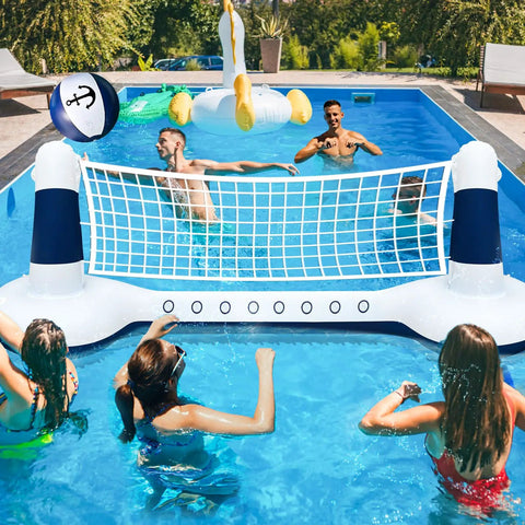 Inflatable Pool Volleyball Set With Yacht Theme Court, 9 Inch Volleyball, Weighted Water Bags, Tie Down Ropes, Patches, And Easy Setup for adults, shown in a swimming pool with people playing.