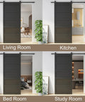Ultra Sharp 42 By 96 Inch Wave Shape Sliding Barn Door In Matte Black shown in living, kitchen, bed, and study rooms.