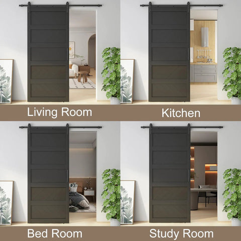 Ultra Sharp 42 By 96 Inch Wave Shape Sliding Barn Door In Matte Black shown in living, kitchen, bed, and study rooms.