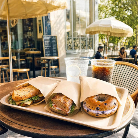 Greaseproof Paper Sandwich Bags 200 Pack 7 By 6 By 1 Inches Unbleached Brown Bags with bagels and sandwiches at cafe