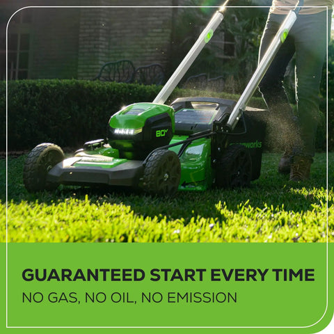 Person using 80V 21 Inch Self Propelled Cordless Lawn Mower With Brushless Motor LED Lights 4.0Ah Battery in garden
