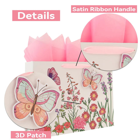 Extra Large 16.5 Inch 3D Butterfly Gift Bag Set With Handles, Greeting Card, Pink Tissue Paper And Stickers, Floral Design