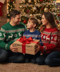 Family in festive sweaters sitting by a Christmas tree holding a gift box with a red ribbon, holiday decorations in background.