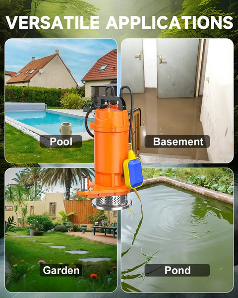 1HP Submersible Drain Pump with Float Switch for Pool, Basement, Garden, and Pond Water Removal