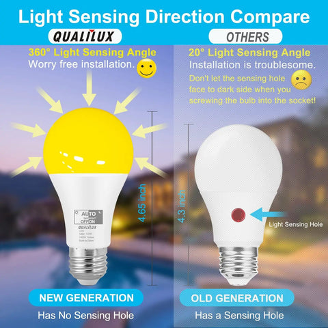Comparison between new and old Dusk To Dawn Amber Yellow Bug Light Bulbs Outdoor 1900K Warm 600 Lumen 9.5W E26 Base 4 Pack.