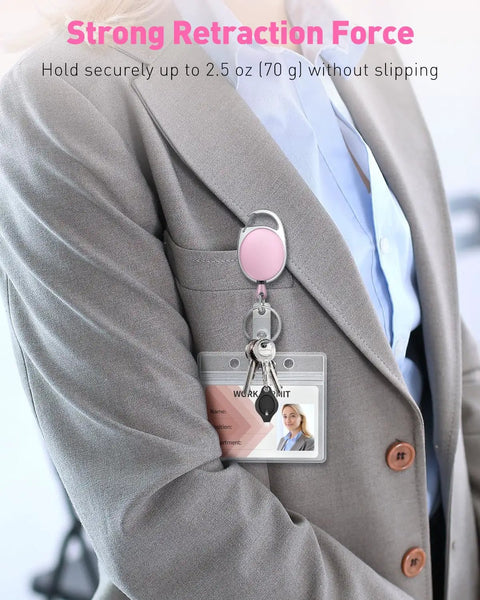 Pink 2 Pack Heavy Duty Retractable Badge Reel With 24 Inch Nylon Rope Carabiner Clip And Key Ring ABS Casing in use on jacket