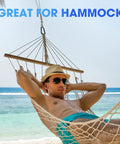 Man relaxing in hammock using Beefy Heavy Duty Carabiner Clip Set Of 6 1100Lb D Shaped Steel Clips With 3 Inch Spring Hooks