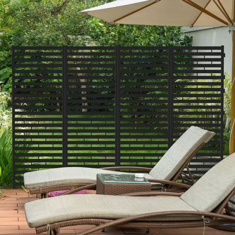 No Dig Plastic Fence Panels 12 Pack Outdoor Privacy Fence Screen for yard and patio with lounge chairs in garden setting
