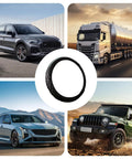 Premium Black Leather Steering Wheel Cover, Hella Soft Non Slip Grip, displayed with various vehicle types and environments.