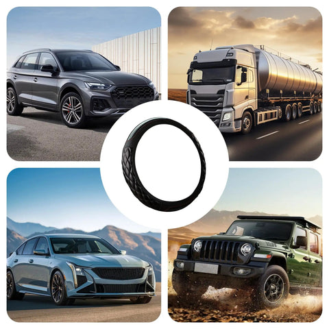 Premium Black Leather Steering Wheel Cover, Hella Soft Non Slip Grip, displayed with various vehicle types and environments.