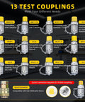 Image of 13 test couplings for All In One Hydraulic Pressure Test Kit with compatibility details for excavators and loaders.