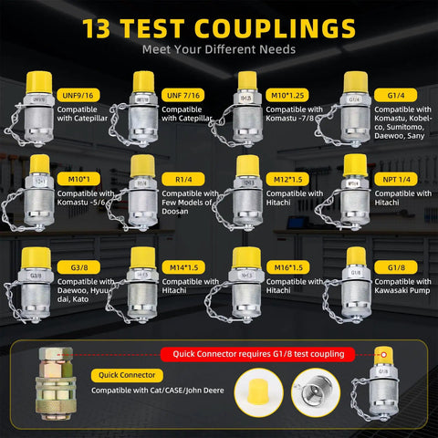 Image of 13 test couplings for All In One Hydraulic Pressure Test Kit with compatibility details for excavators and loaders.