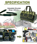 Heavy Duty 17 Inch Tool Bag With Waterproof Molded Base showing size, adjustable strap, and tool organization features.