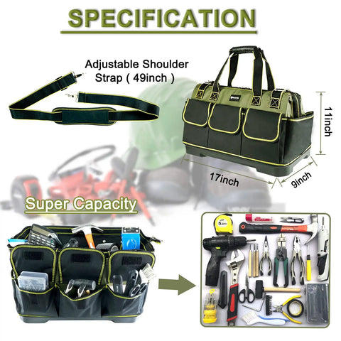 Heavy Duty 17 Inch Tool Bag With Waterproof Molded Base showing size, adjustable strap, and tool organization features.