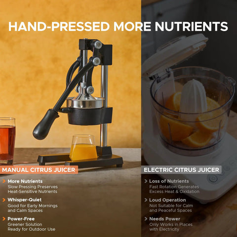 Cast Iron Manual Citrus Juicer Heavy Duty Orange Press with rubber grip handle and stainless steel strainer on kitchen counter.