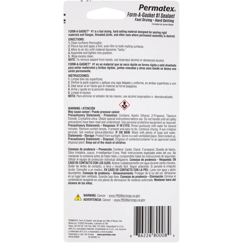 Back view of Form A Gasket Sealant No 1 Fast Drying Hard Setting Sealant Built To Patch Holes And Joints On Rigid Surfaces And Flanges, Resists Auto Fluids Including Fuels, With Temperature Range From Negative 65 Fahrenheit To 400 Fahrenheit, 3 Oz Tube packaging with instructions.