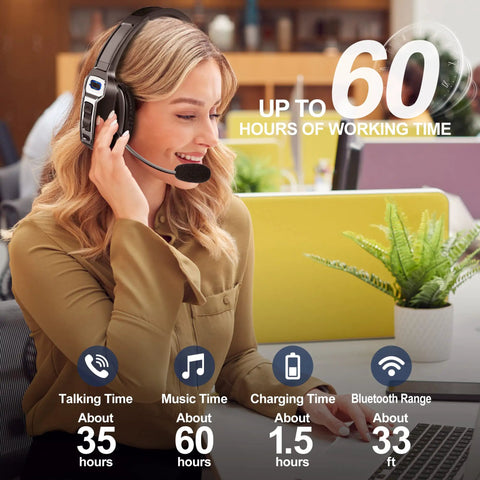 Trucker Bluetooth Headset V5.2 Wireless With AI Noise Canceling Microphone, On Ear Bluetooth Headphones For Drivers Office And Call Centers, Two Device Pairing, Mute Button, Comfortable Fit, Black