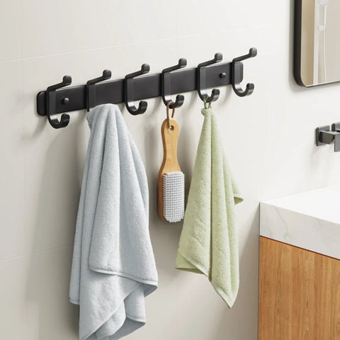 Wall Mounted Heavy Duty Metal Coat Rack With Six Hooks For Coats Hats Bags Robes Keys And Towels Entryway Mudroom Or Closet Organizer In Rust Resistant Black Finish, holding towels in bathroom