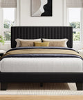 Heavy Duty Queen Bed Frame With Padded Linen Headboard, Solid As Rock Wood And Steel Slat Base, No Box Spring Required, Absolute Zero Noise, Quick One Person Setup, Matte Black For Chill Bedroom Vibes, front view with pillows and bedding.