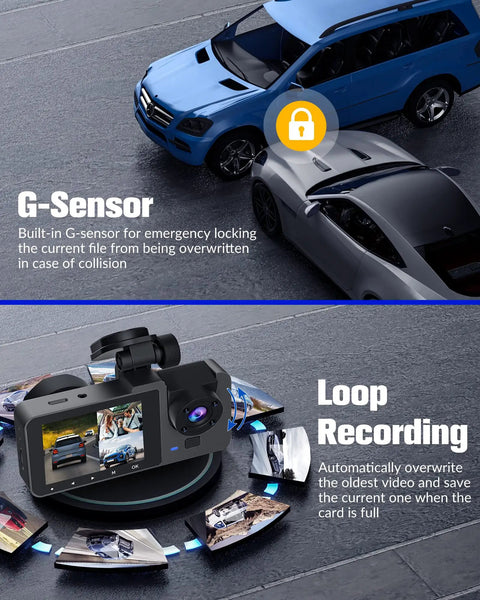 4K Front And 1080P Rear 3 Channel Dash Cam For Your Ride With 32GB Card, highlights G-Sensor and loop recording features