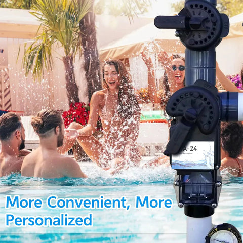 Pool valve actuator TPE24VA, 24V NO Brake, installed on a pool valve assembly with blue housing